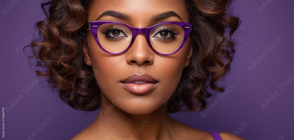  a close up of a woman wearing purple glasses and a purple tank top with her hair blowing in the wind.