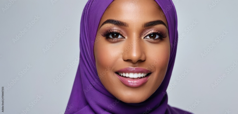 a close up of a woman wearing a purple hijab and smiling at the camera with a smile on her face. a close up of a woman wearing a purple hijab and smiling at the camera with a smile on her face.