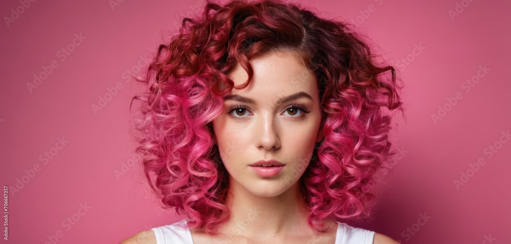 a woman with pink hair and a white tank top is posing for a picture in front of a pink background. a woman with pink hair and a white tank top is posing for a picture in front of a pink background.