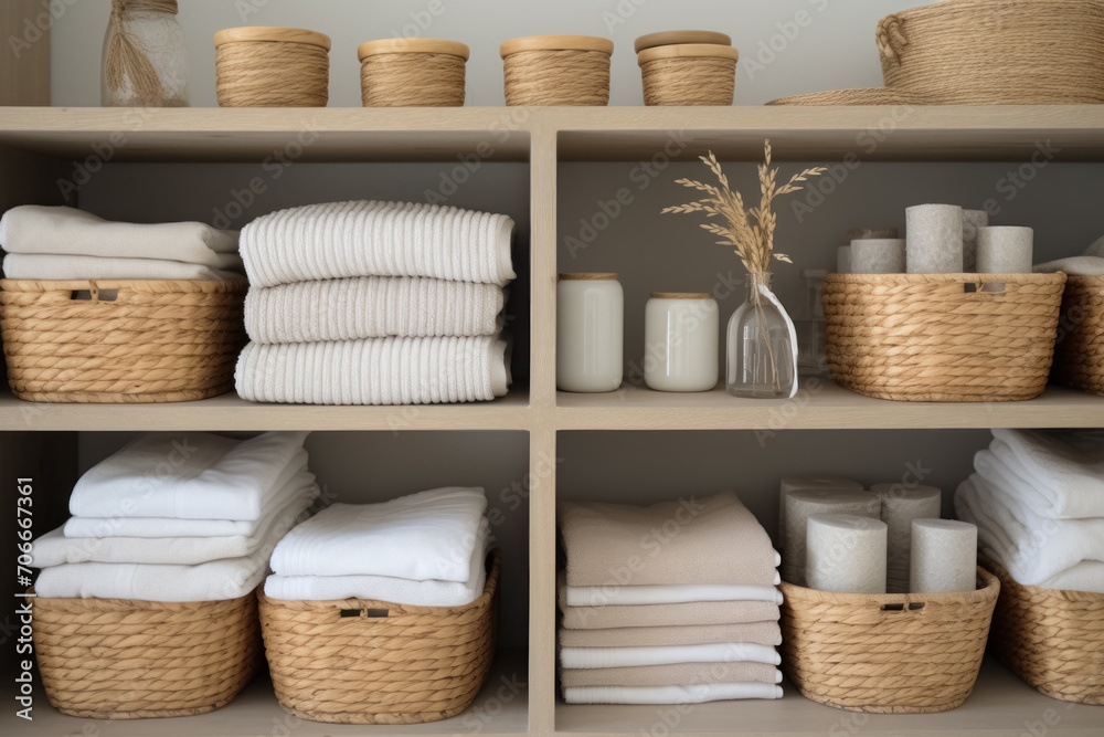 Obraz na płótnie Cabinet in bathroom with shelves baskets holding clean towels and assorted toiletries in scandinavian style w salonie
