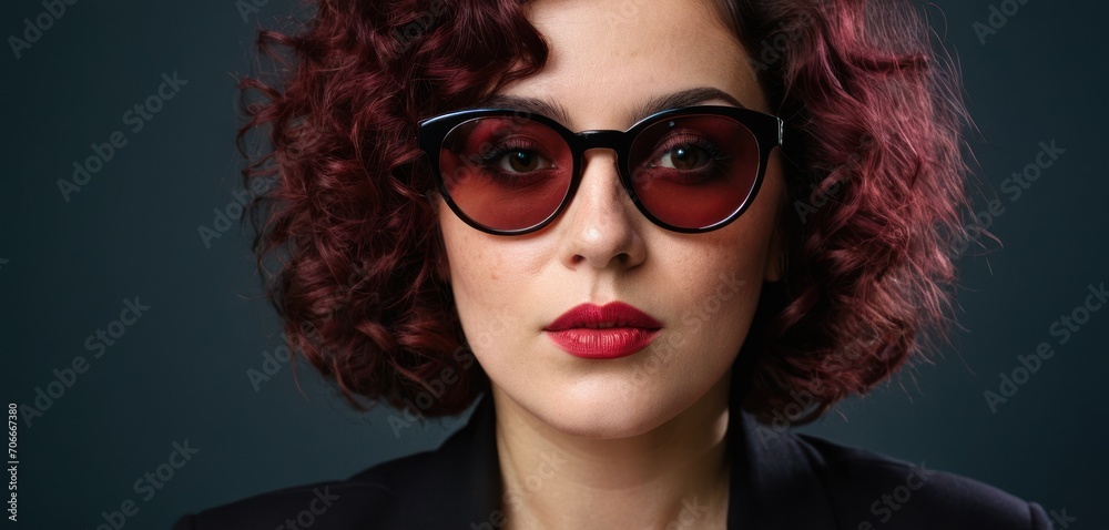 a close up of a person wearing a pair of sunglasses with red hair and a black blazer and red lipstick. a close up of a person wearing a pair of sunglasses with red hair and a black blazer and red lipstick.