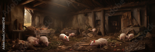 Pigs in a pigsty in the backyard of a country house, breeding domestic animals in the village, banner