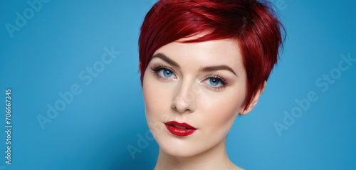  a close up of a woman with red hair and a red lipstick on a blue background with a blue background.