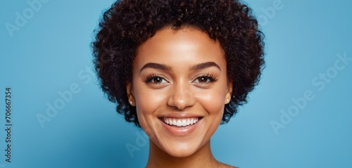  a close up of a person with a smile on their face and a blue background with a light blue background.