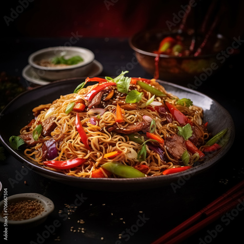 Stir fry yakisoba noodles with vegetables and beef in black bowl on dark background. Delicious japanese food