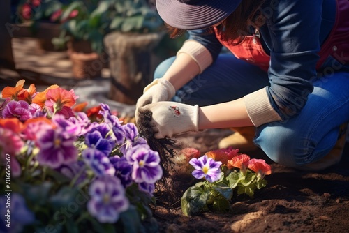 Gardener planting spring and summer flowers in his backyard, home decorating with flowers © pundapanda
