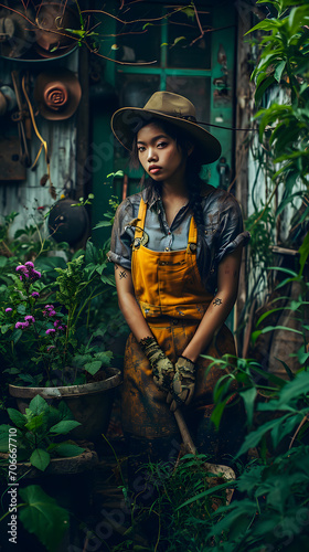 woman gardening, working in a garden, planting plants