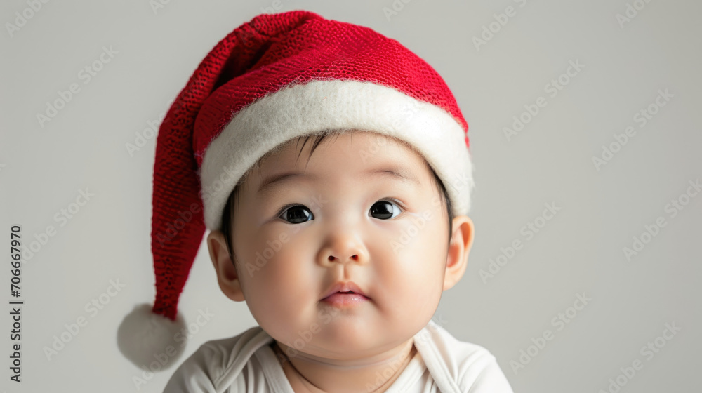 Portrait of an asian baby with a christmas hat on white studio background Portrait of an asian baby with a christmas hat on white studio background
