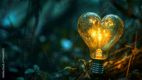 A light bulb in the shape of a heart. Heart shape with bright light inside. Light bulb. 3D render. Space for text, copy space.