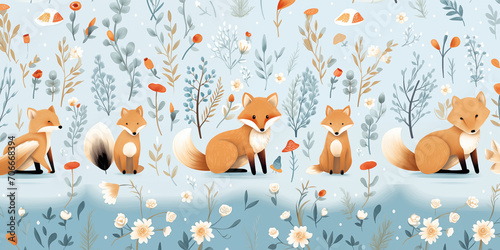 Woodland forested seamless forest mushroom pattern with cute cartoon paper fox and floral flowers background fauna red blue illustration generative ai