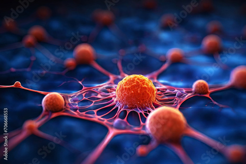 Cancer cell insight. Graphic representation captures the essence of medical science and healthcare. Ideal for websites, blogs, and print media. Explore the microscopic world. 