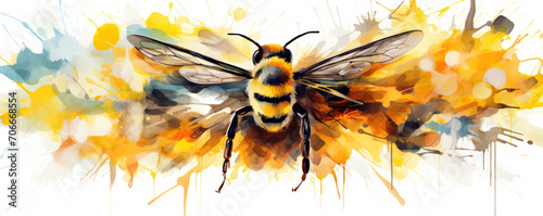 Water color design with flying bee. bee on color art background.