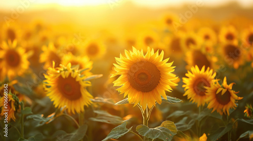 Wide field of sunflowers in summer sunset, panorama blur background. Autumn or summer sunflowers background. Shallow depth of field.