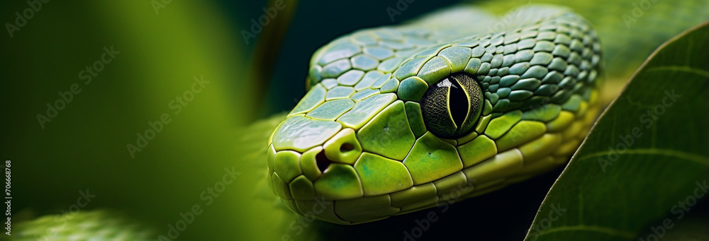 Fototapeta premium Close-up of a green snake on a green leaf