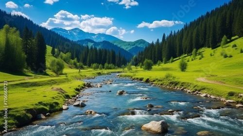 Beautiful summer mountain river nature scenery wallpaper AI Generated Image photo