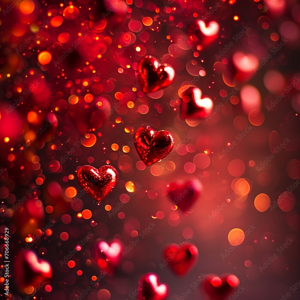 Cascade of Crimson, Hearts Amidst a Whirl of Red Bokeh, Background, Valentine's Day concept, Generative AI