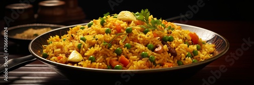 Chinese fried rice with spices and peas, herbs and sauce, vegetables in a bowl, banner