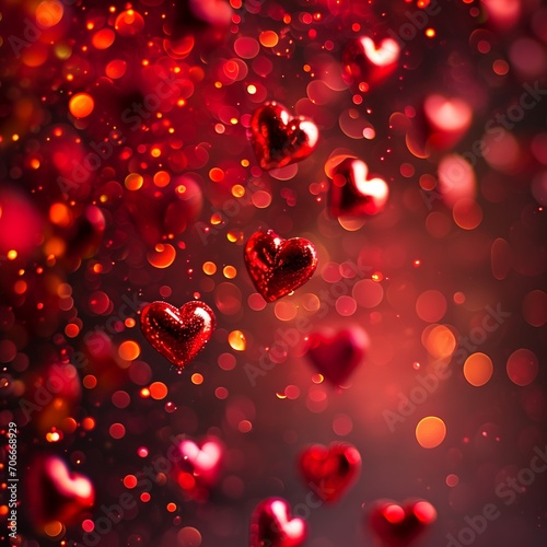 Cascade of Crimson, Hearts Amidst a Whirl of Red Bokeh, Background, Valentine's Day concept, Generative AI