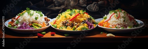 Chinese fried rice with spices and peas, herbs and sauce, vegetables in a bowl, banner