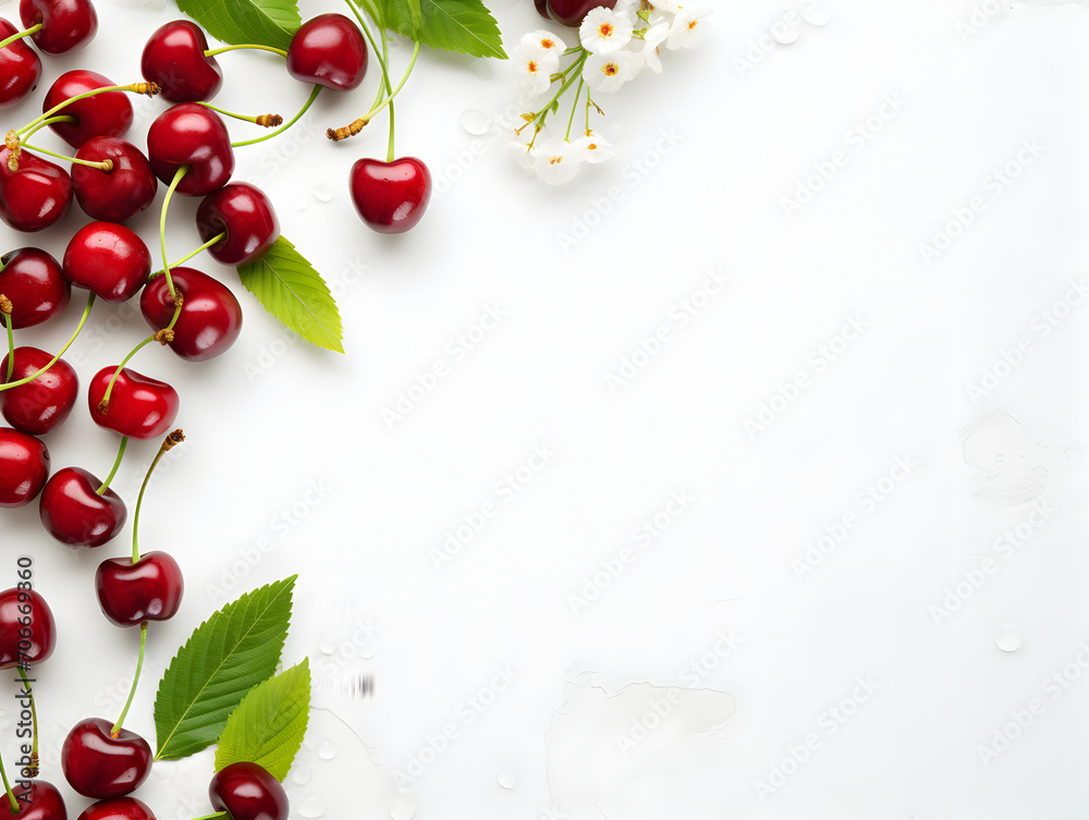 Frame with fresh cherries on white background with copy space Frame with fresh cherries on white background with copy space