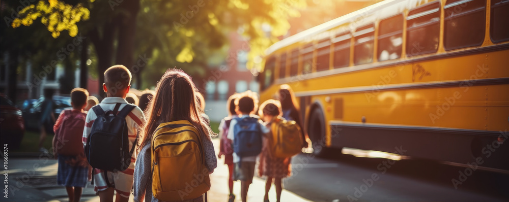 Children going to high school. School bus blured in background. View from behind.