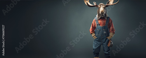 Moose in gardener suit. Man with moose head against color background.