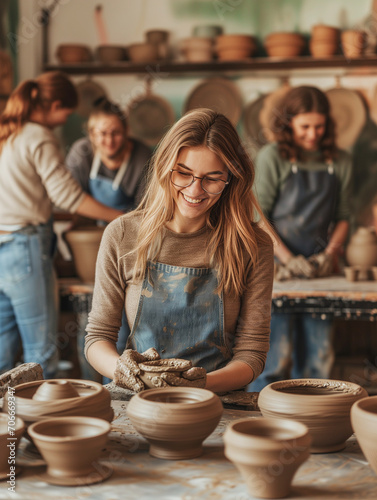 A Photo of a Group of Friends Taking a Pottery Class in a Local Studio With Clay and Spinning Wheels © Nathan Hutchcraft