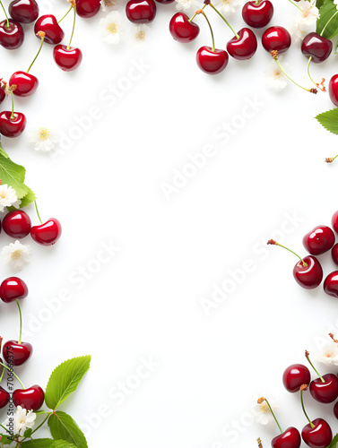 Frame with fresh cherries on white background with copy space 
