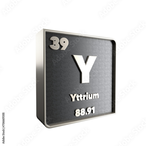 Yttrium chemical element black and metal icon with atomic mass and atomic number. 3d render illustration.