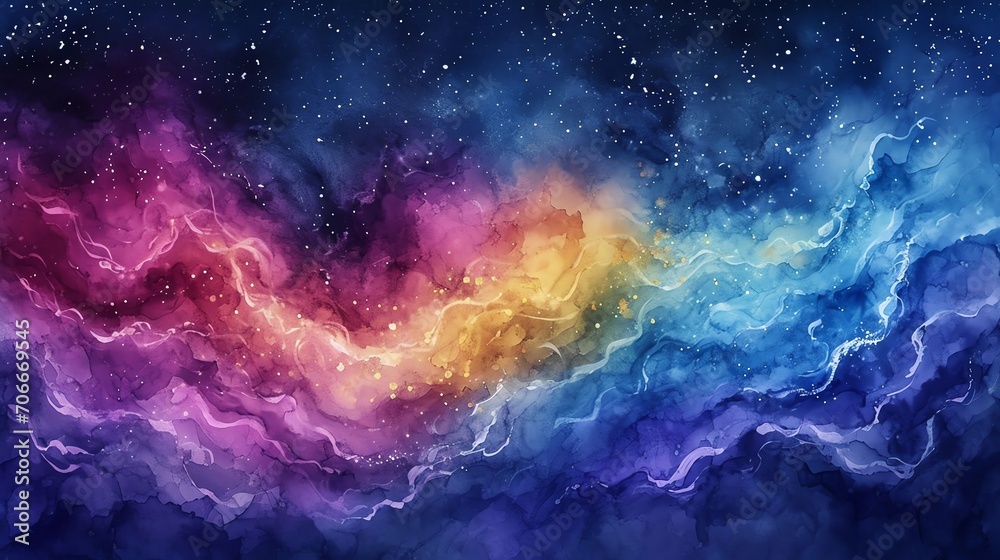 A cosmic dance of vibrant watercolor galaxies, swirling and blending across a deep indigo canvas. --ar 16:9 --v 6.0 --style raw --no close up A cosmic dance of vibrant watercolor galaxies, swirling and blending across a deep indigo canvas. --ar 16:9 --v 6.0 --style raw --no close up