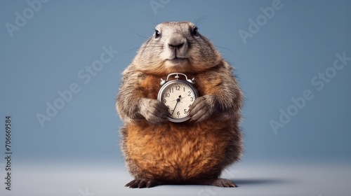 Portrait of a groundhog with an alarm clock in his paws isolated  postcard template  printable. Funny animals poster. Good morning. Groundhog Day. Spring came. The groundhog woke up  weather forecast.