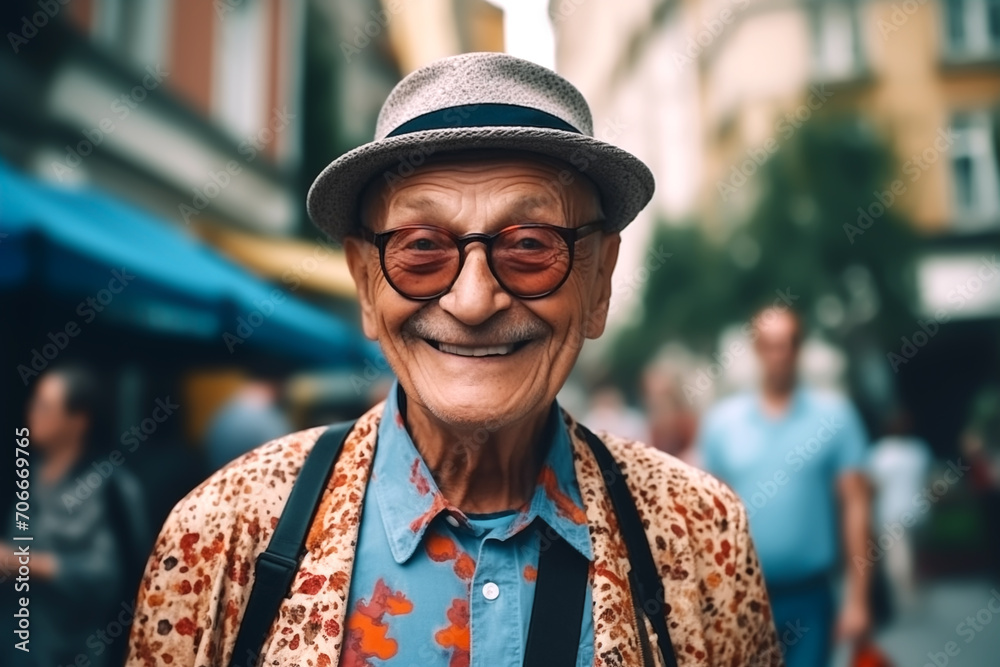 Elderly man with a cheerful smile. Grandfather in glasses and fashionable clothes on vacation. Cheerful retired grandfather in bright clothes. Elderly man with a face smile. Happy pensioner with smile Elderly man with a cheerful smile. Grandfather in glasses and fashionable clothes on vacation. Cheerful retired grandfather in bright clothes. Elderly man with a face smile. Happy pensioner with smile