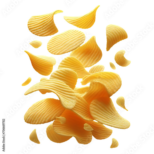  potato chips in the air falling or flying on a transparent background PNG