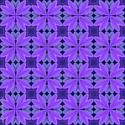 Seamless pattern with stilized flowers. Vector illustration in violet and dark blue colours. Decorative geometric plaid pattern. Colorful bright home decor, wallpapers, textile. photo