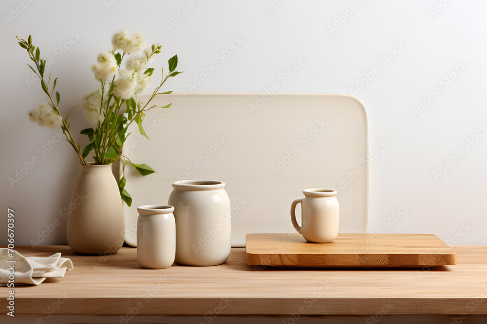 Beautiful kitchen background in light colors with a set of kitchen utensils and vases with flowers. modern interior of the kitchen. Eco style
Beautiful kitchen background in light colors with a set of kitchen utensils and vases with flowers. modern interior of the kitchen. Eco style