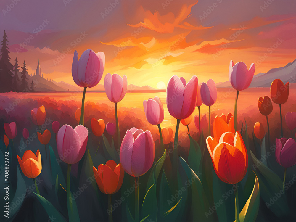 A field of tulips with a cloudy sunset sky in the background. Digital art illustration.
