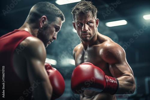 Boxer Man with Sparring Partner on Ring Background