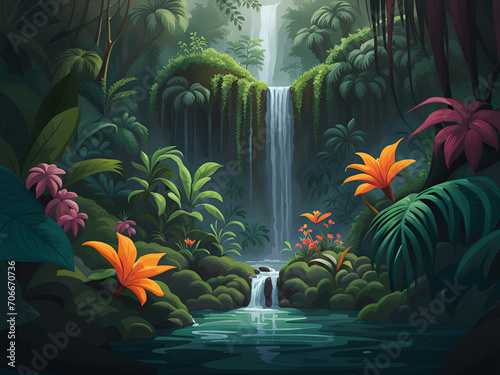 Beautiful tropical waterfall in the jungle. Digital art landscape illustration.