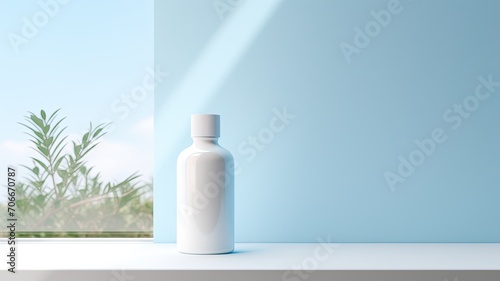a white supplement bottle against a clean, neutral, very light color background, with a light blue color product setting, using natural sunlight to enhance the pharmaceutical aesthetic. © lililia