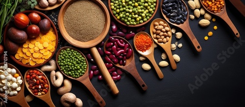 Diabetic-friendly health food with blood sugar monitor, legumes in spoons rich in nutrients and antioxidants, low GI.