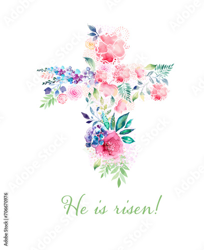Cross of flowers. He has risen. hand drawing. Happy easter. Not AI. Vector illustration