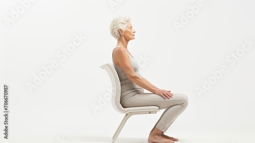 a senior woman engaged in a simple chair yoga exercise against a white background in a frontal pose, a commercial style with high-key lighting for a composition in a minimalist modern style. photo