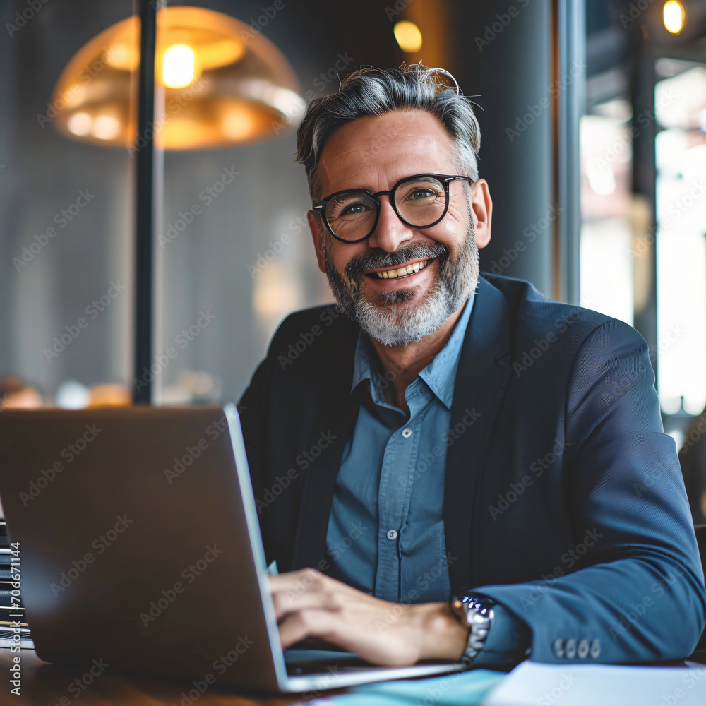 Executive Focus: Gray-Haired Businessman Engaged in Work, Seated Before His Laptop - A Portrait of Professional Acumen and Business Dedication - Generative AI Executive Focus: Gray-Haired Businessman Engaged in Work, Seated Before His Laptop - A Portrait of Professional Acumen and Business Dedication - Generative AI