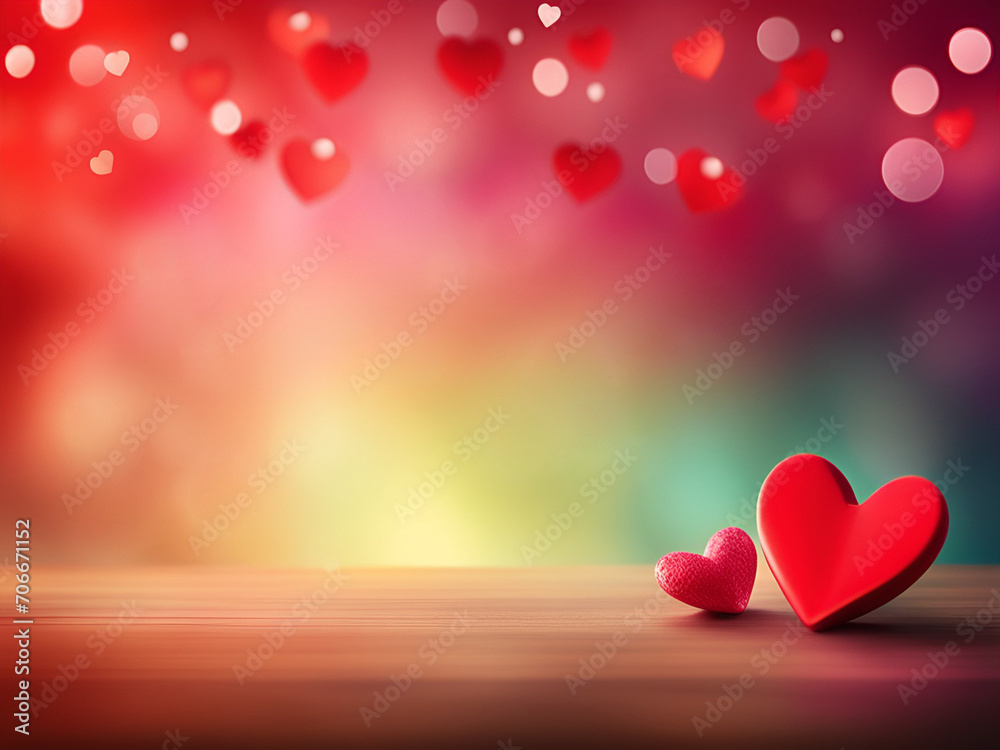 Valentine hearts on a wooden table. Valentine's day background with copy space and bokeh.	