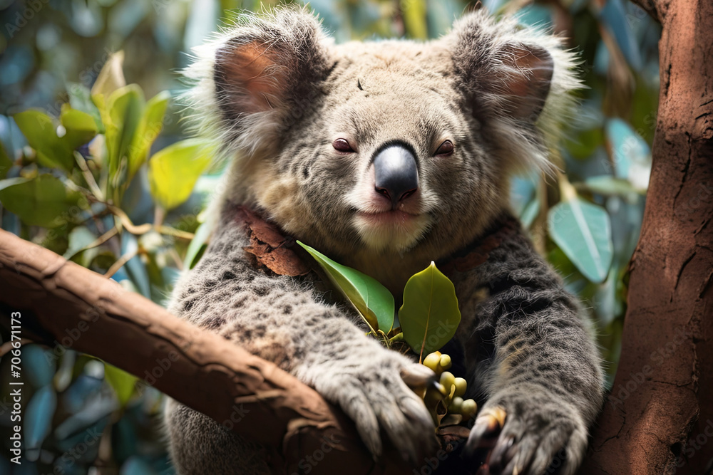 Fototapeta premium Sleeping koalas in trees. World Sleeping Day concept captured in a serene image. Ideal for relaxation and wildlife appreciation.