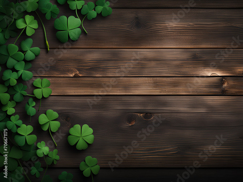 Green four-leaf clovers on a wooden background. Saint Patrick's Day background with copy spce.