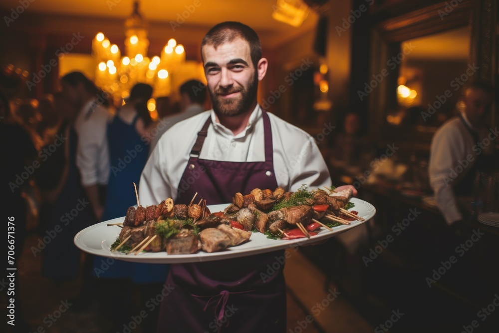 Waiter carrying tray with amazing meat dish. Catering service concept Waiter carrying tray with amazing meat dish. Catering service concept