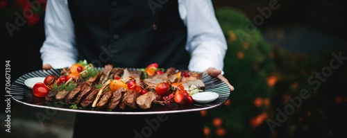 Waiter carrying tray with amazing meat dish. Catering service concept. Luxury wedding reception. 