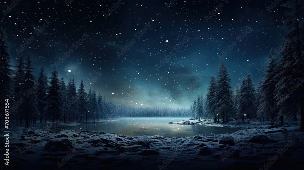 the view of looking up at the night sky in the boreal forest during winter, a composition in a minimalist style, capturing the serene beauty of the natural surroundings and the celestial display.