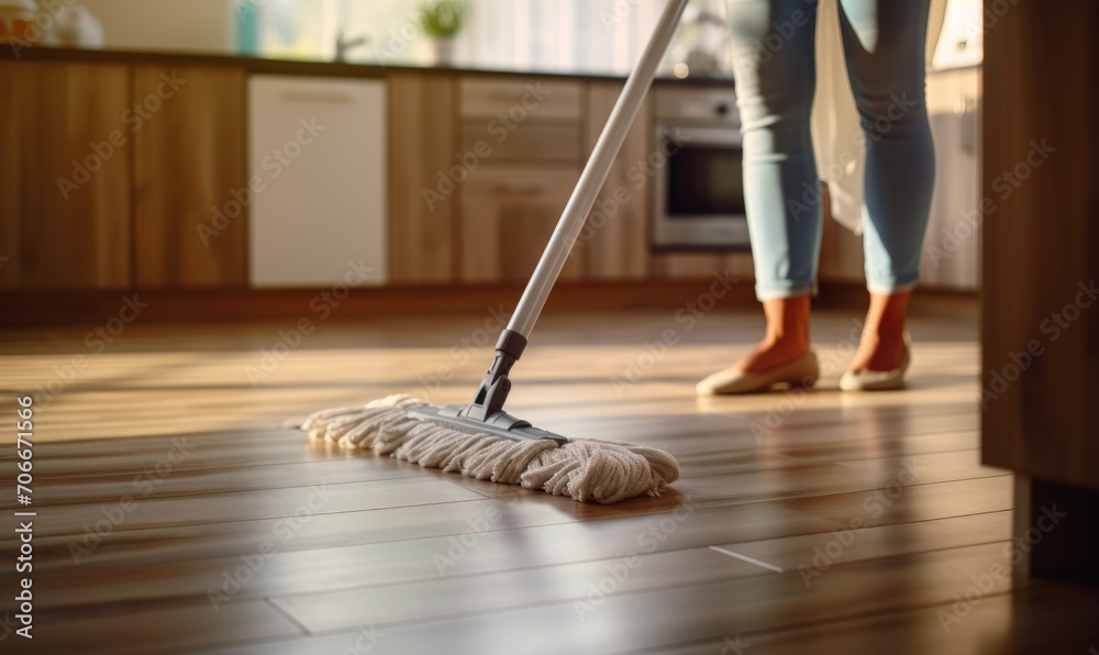 Fototapeta premium Close up photo of young woman cleaning floor with a wet mop